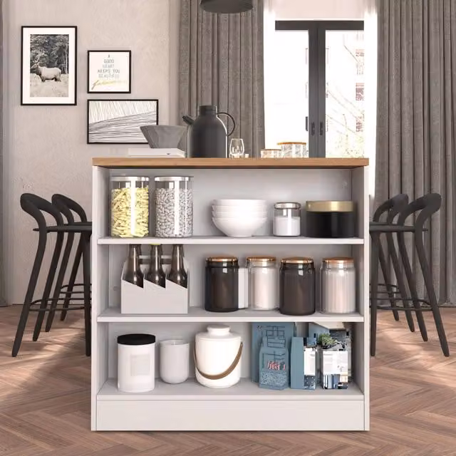 Scaffale mobile Sole WHOUS con 3 ripiani, bianco lucido e rovere, L 90 cm x H 90 cm x P 25 cm