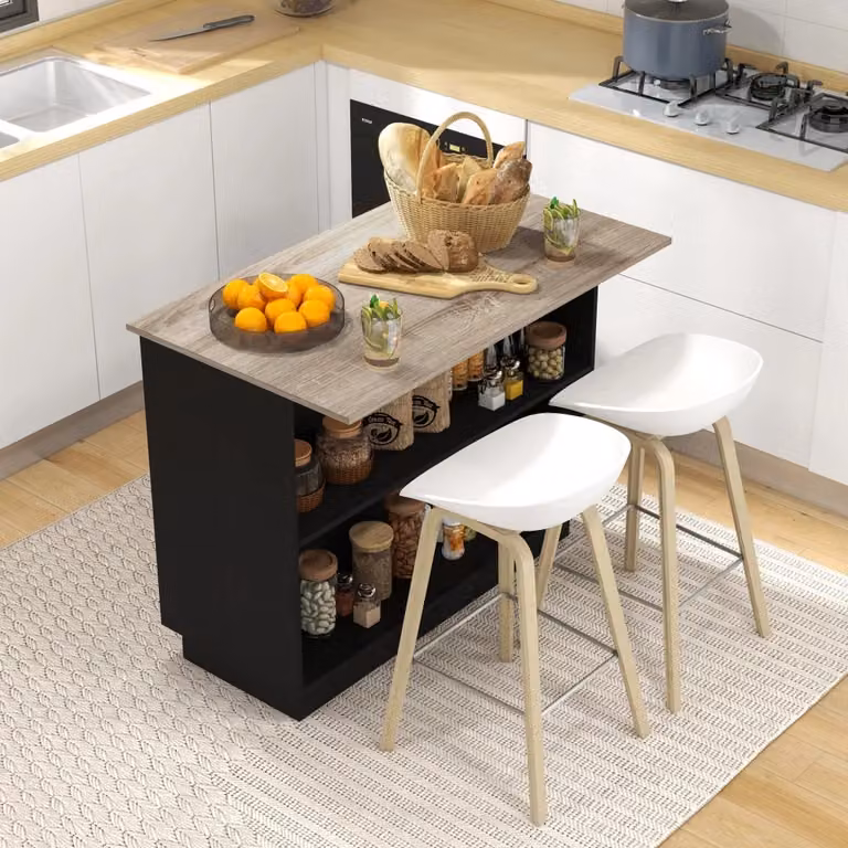 Isola per cucina moderna GIORDANOSHOP con 2 ripiani aperti e 2 armadietti con ante a battente in MDF color rovere e nero L: 105 cm, P: 60 cm, H: 82 cm