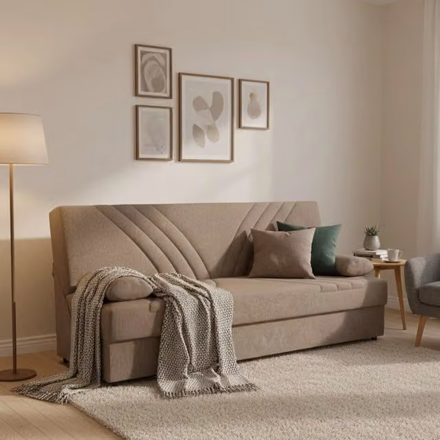 Divano letto contenitore Apicella DMORA a 3 posti con 2 cuscini inclusi, Sofà moderno in tessuto beige con apertura click-clack, L: 181 cm, H: 88 cm, P: 81 cm – 1