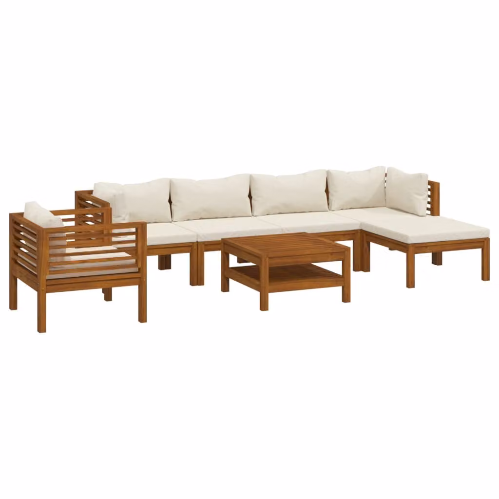 Set Divani da Giardino 7 pz con Cuscini Crema in Legno Acacia