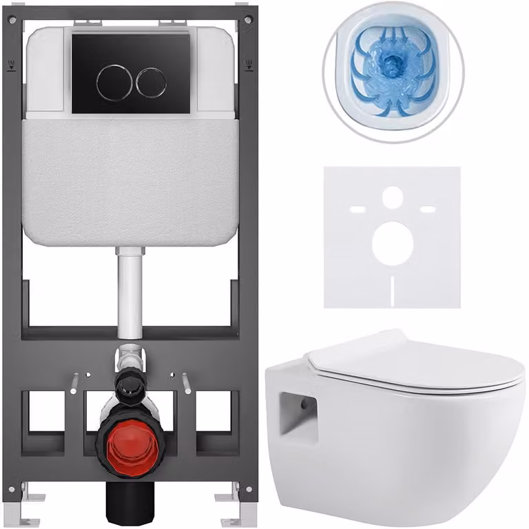 Set completo per WC a pavimento Dure - bianco lucido - pulsante Prime/Duoalo, nero - modello autoportante - installazione a muro/con pannelli di cartongesso - 51x35 cm