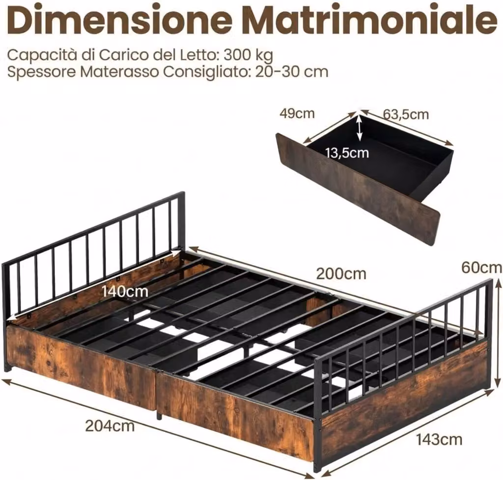 Letto Matrimoniale a Piattaforma in Stile Industriale COSTWAY con 2 Cassetti, Testiera e Pediera, Materiali Misti in Metallo e Legno, Colore Marrone e Nero, L/P/H: 140 x 200 x 60 cm – 2