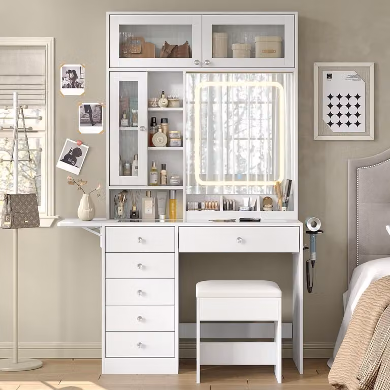 Comò da trucco con specchio e illuminazione a LED, 6 cassetti, 2 ante, prese di corrente, colore bianco