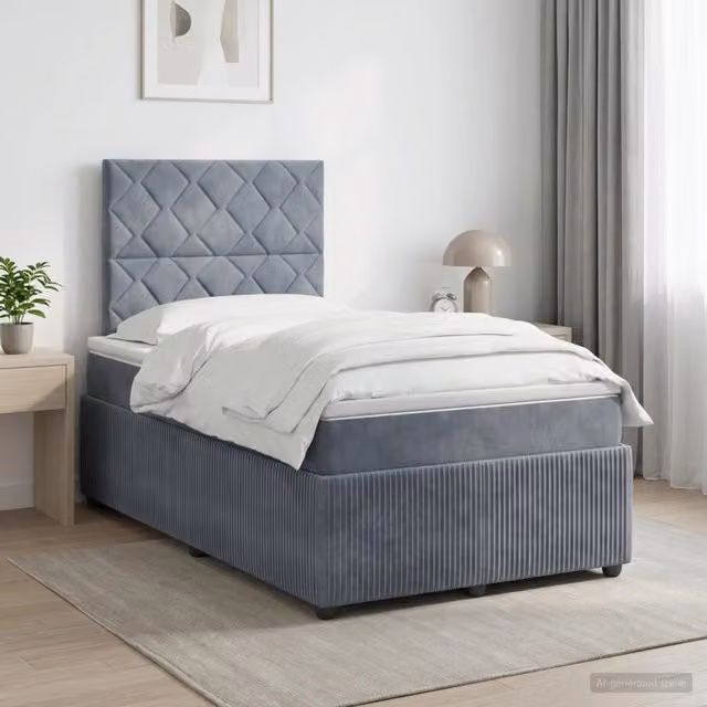 Letto box spring con materasso ibrido vidaXL in velluto grigio e bianco L/P: 120 x 200 cm