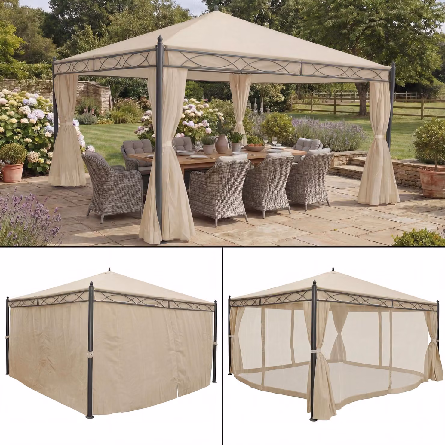 Pergola Calpe, gazebo da giardino, struttura robusta da 7 cm con parete laterale + zanzariera ~ crema 4x4 m