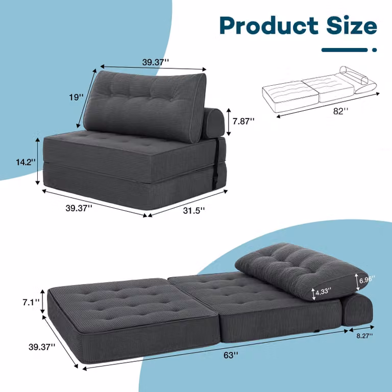 Divano letto pieghevole 3-in-1 - Poltrona letto / Divano da terra - Seduta singola convertibile - Rivestimento in tessuto moderno - Ideale per il soggiorno - Grigio