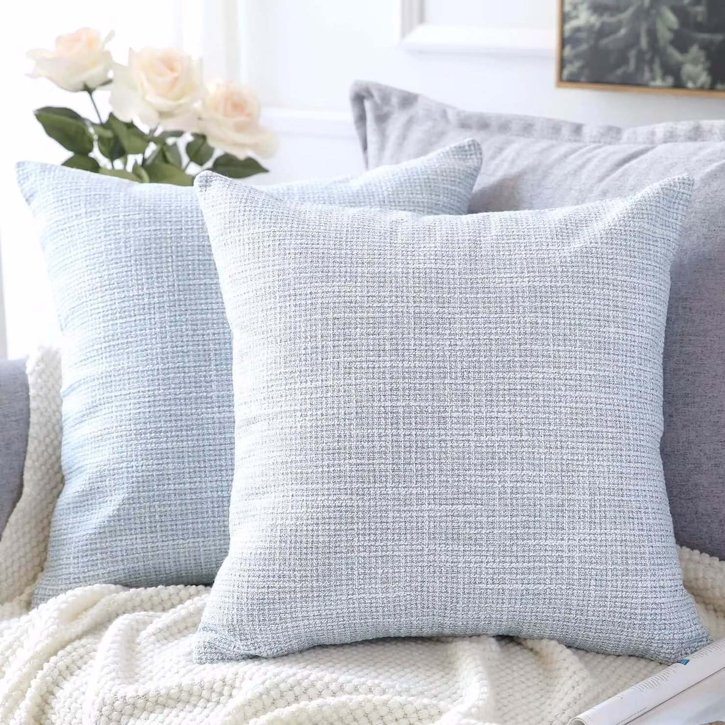 Coperte per cuscini, set da 2, in lino, decorative, quadrati, 45 x 45 cm, per l'arredamento della casa, divano, camera da letto, auto (blu-grigio, 18 x 18)