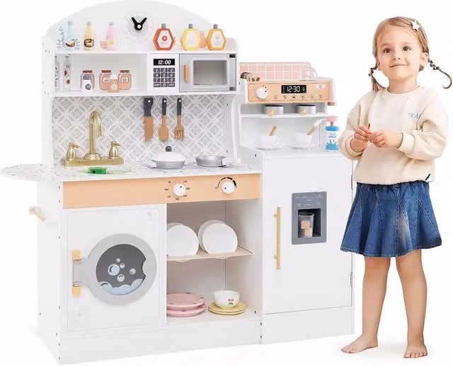 Cucina Giocattolo in Legno COSTWAY con Macchina da Caffè e del Ghiaccio, Lavatrice, Microonde e 27 Accessori, L/P/H: 106 x 30 x 105 cm, Bianco