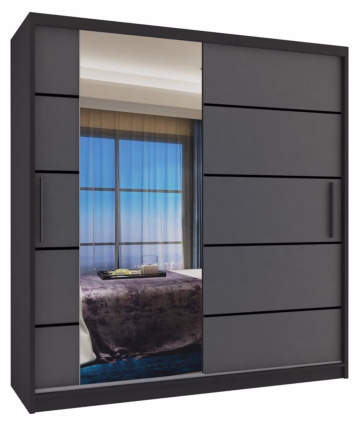 BELINI Verona, armadio scorrevole da 158 cm, nero/grigio opaco - armadio con specchio e 2 cassetti, ideale per la camera da letto