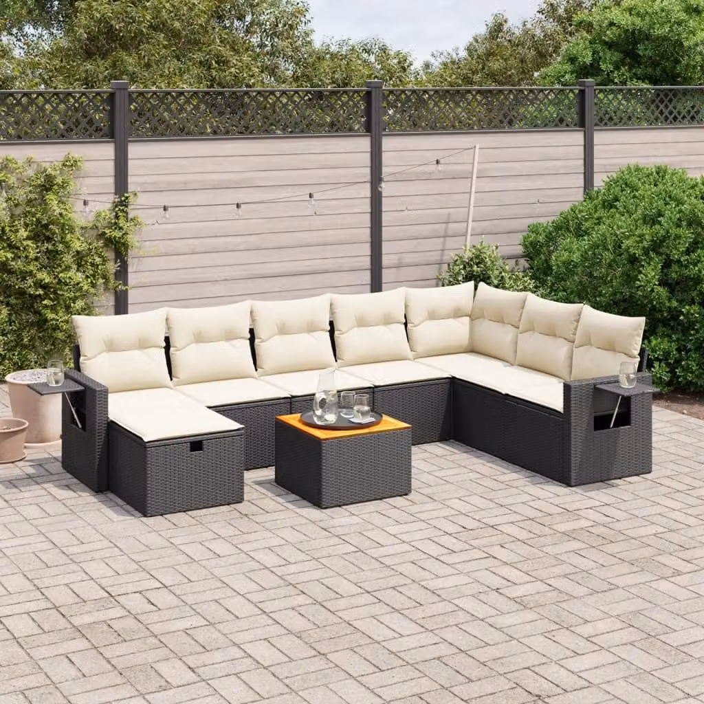 vidaXL Set Divani da Giardino a L 9 pz con Cuscini e Tavolino, Polyrattan Nero e Struttura in Acciaio Verniciato a Polvere – 1