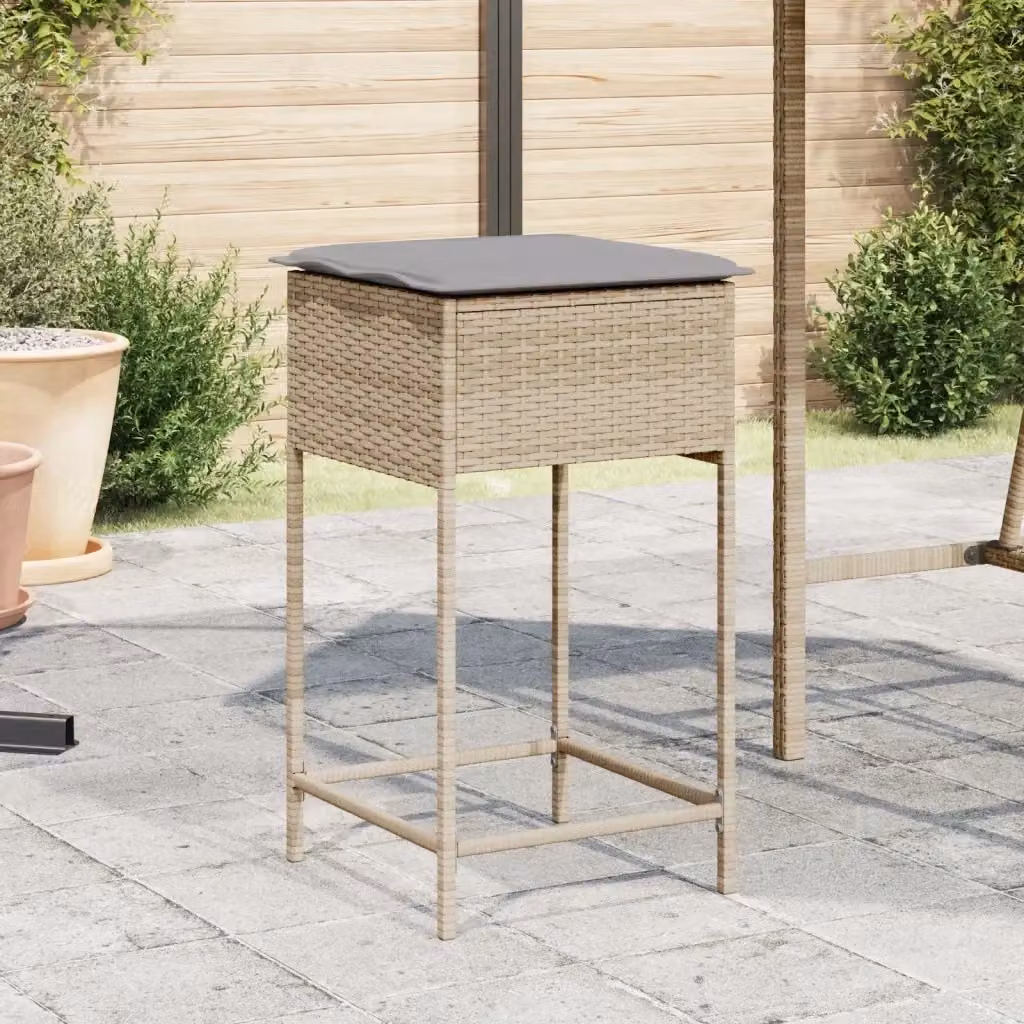 Set di 2 Sgabelli da Bar in Polyrattan Beige con Cuscini Removibili e Struttura in Metallo – 2