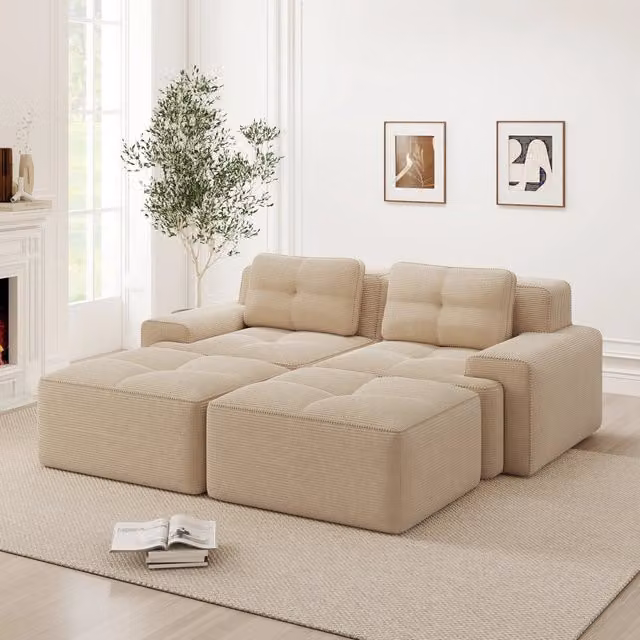 Divano Modulare a U con Ottoman ¨C MINIMAL ¨C Velluto a Coste, Beige, 2 Posti