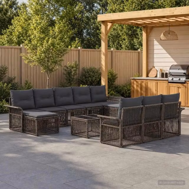 Set Divano da Giardino vidaXL a forma a U in Polyrattan Grigio con Cuscini e Tavolino