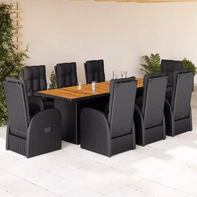 Set da pranzo da giardino vidaXL in legno di acacia e polyrattan nero con 9 pezzi