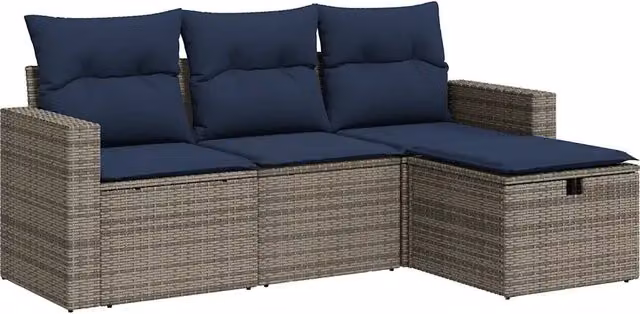 Set Salotto da Giardino a L con 4 Pezzi in Polyrattan Grigio e Blu con Cuscini Imbottiti e Coperture Rimovibili – 1