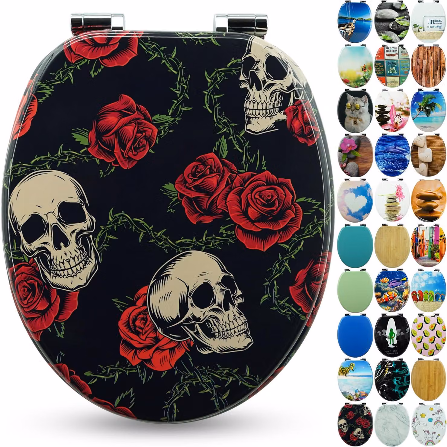 Sedile WC Sanfino® Premium "Rose Skull": sedile WC di alta qualità in legno con chiusura ammortizzata, numerosi motivi colorati, facile da montare