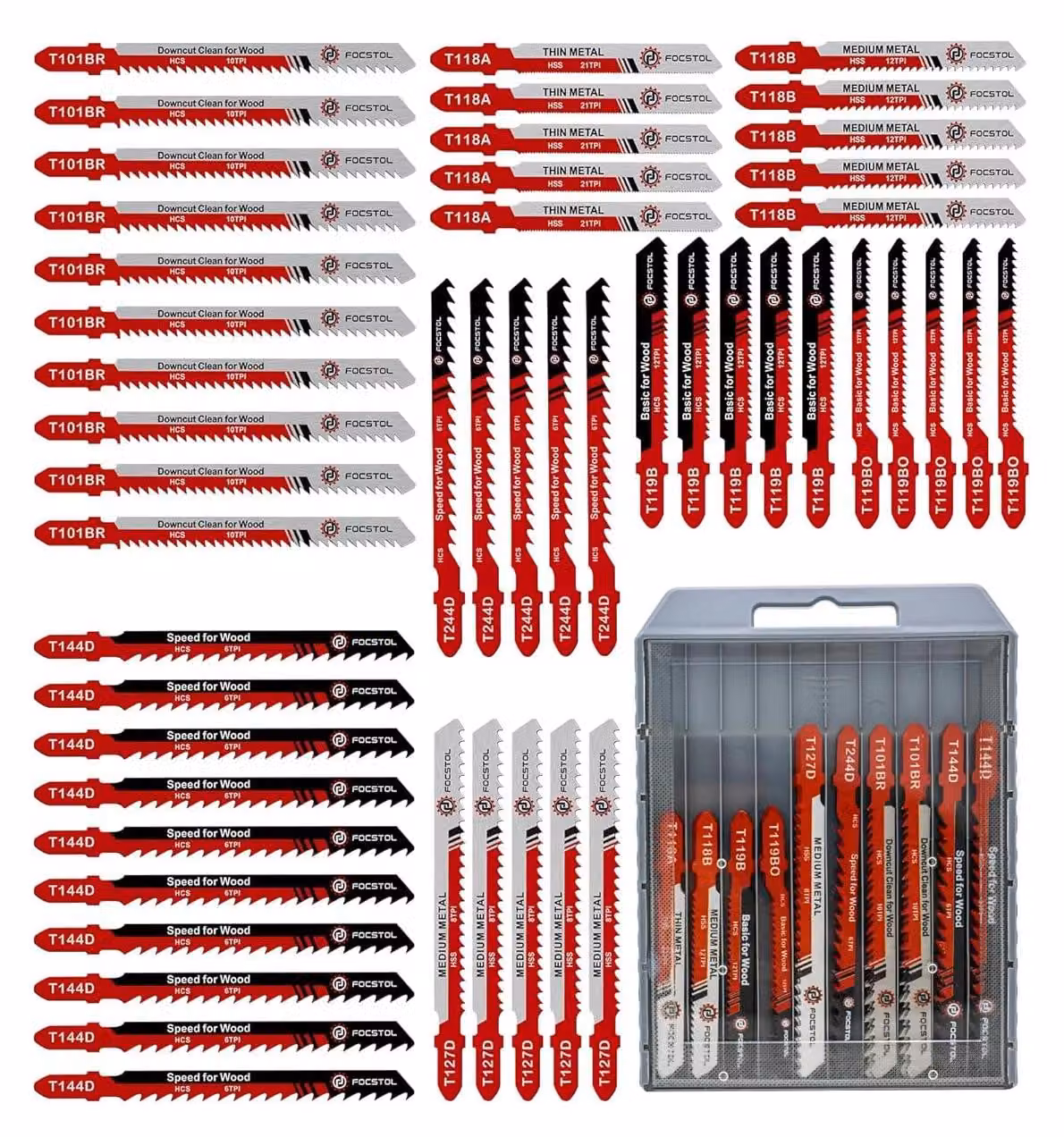 Set di lame per seghetto alternativo, composto da 50 pezzi, in HSS/HCS con attacco a "T", per legno, metallo e plastica