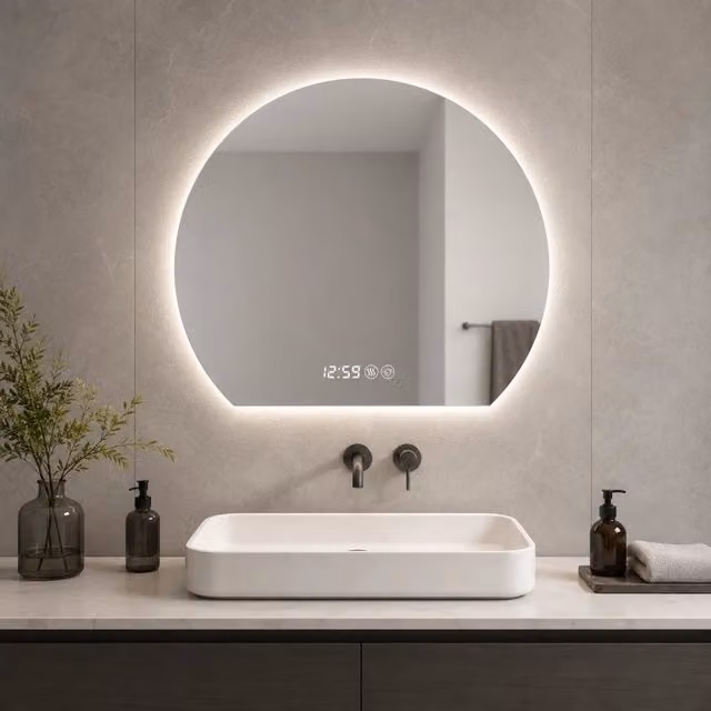 Specchio da bagno rotondo WISHDOR con LED dimmerabile, antiappannamento e funzione orologio/temperatura, colore silver, Diametro: 80 cm – 1
