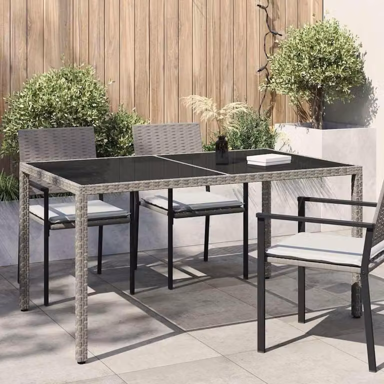 Tavolo da giardino in rattan sintetico con piano in vetro temperato, dimensioni 150x90x75 cm
