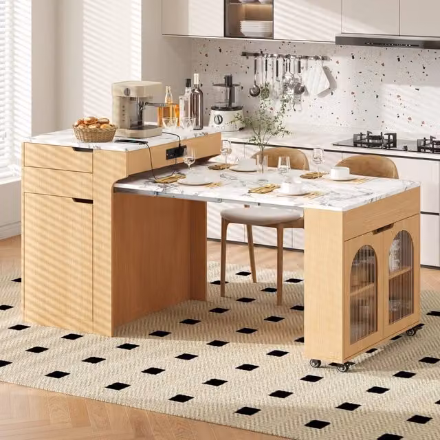 Tavolo allungabile Mivray moderno con prese integrate, 2 cassetti e ruote in MDF e vetro trasparente L/P/H: 55-153 x 80 x 93 cm