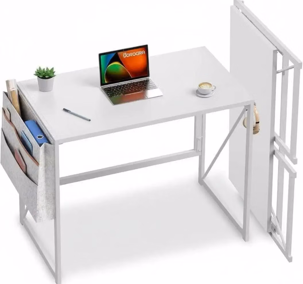 Tavolino pieghevole per computer - Scrivania per piccoli spazi - 80 x 40 x 72 cm - Tasca laterale - Ganci - Piedini antiscivolo - Bianco