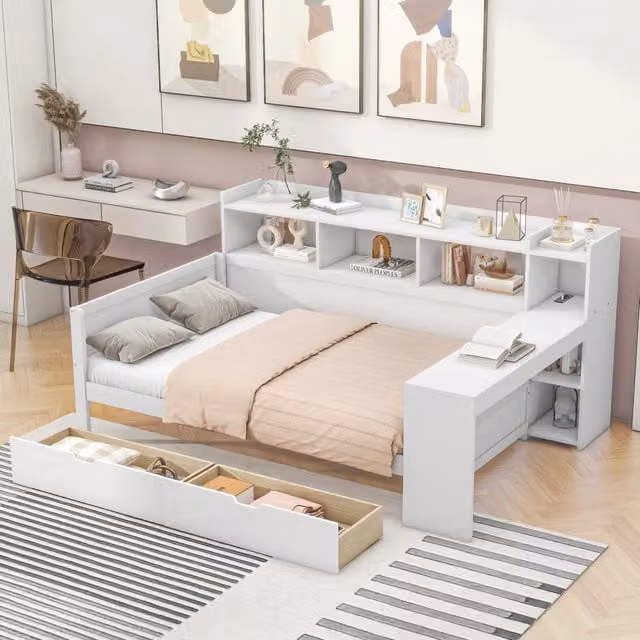Letto divano singolo OKWISH bianco con scrivania, 2 cassetti e porta USB, L/P: 90 x 200 cm