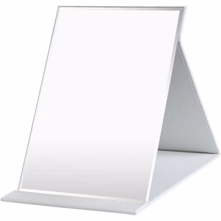 Specchio da trucco pieghevole, extra grande, 26x18 cm, bianco, in ecopelle, con vetro HD