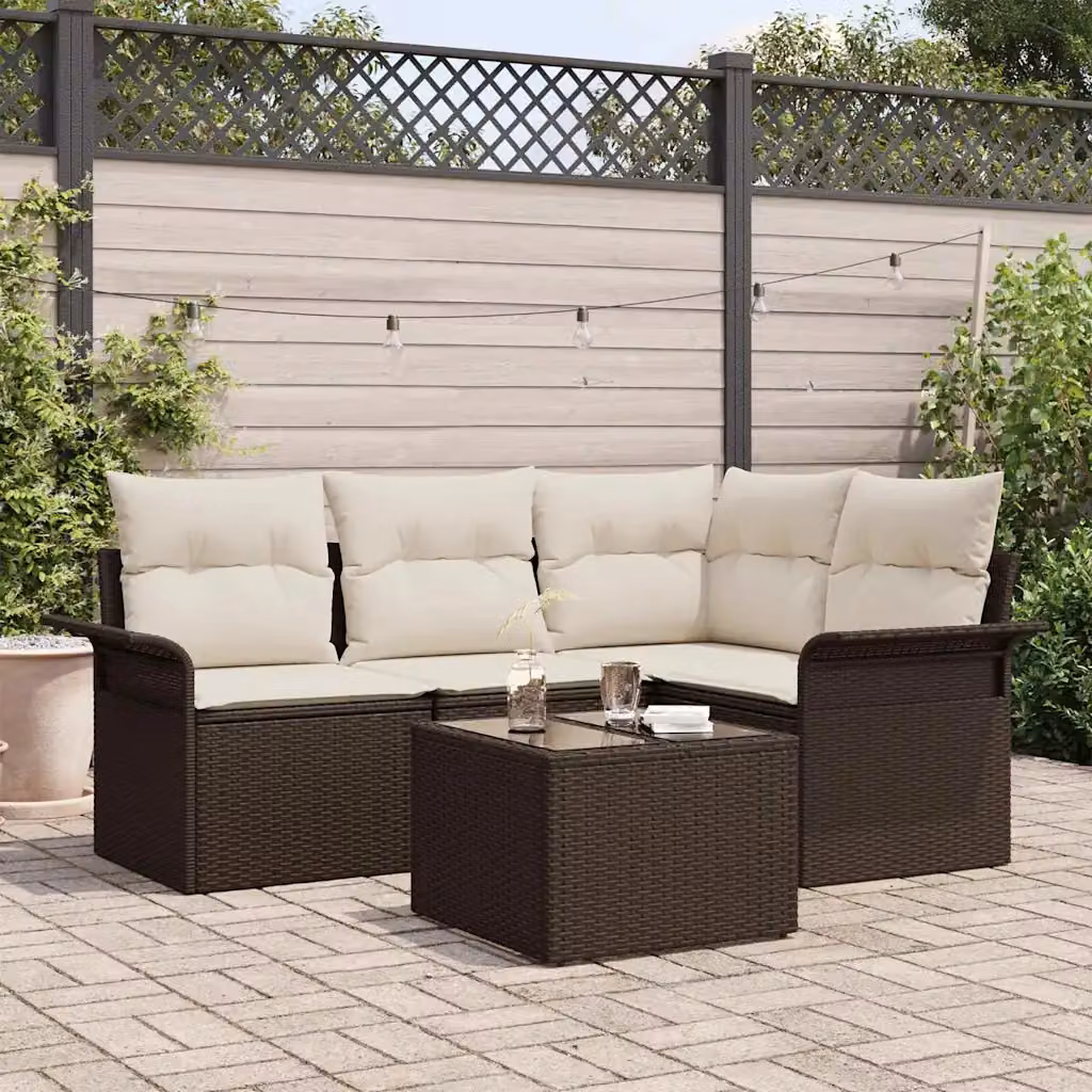 Set Divano da Giardino vidaXL 5 Pezzi Marrone con Poltrone, Divano a L e Tavolino in Polyrattan e Metallo con Cuscini Inclusi – 1
