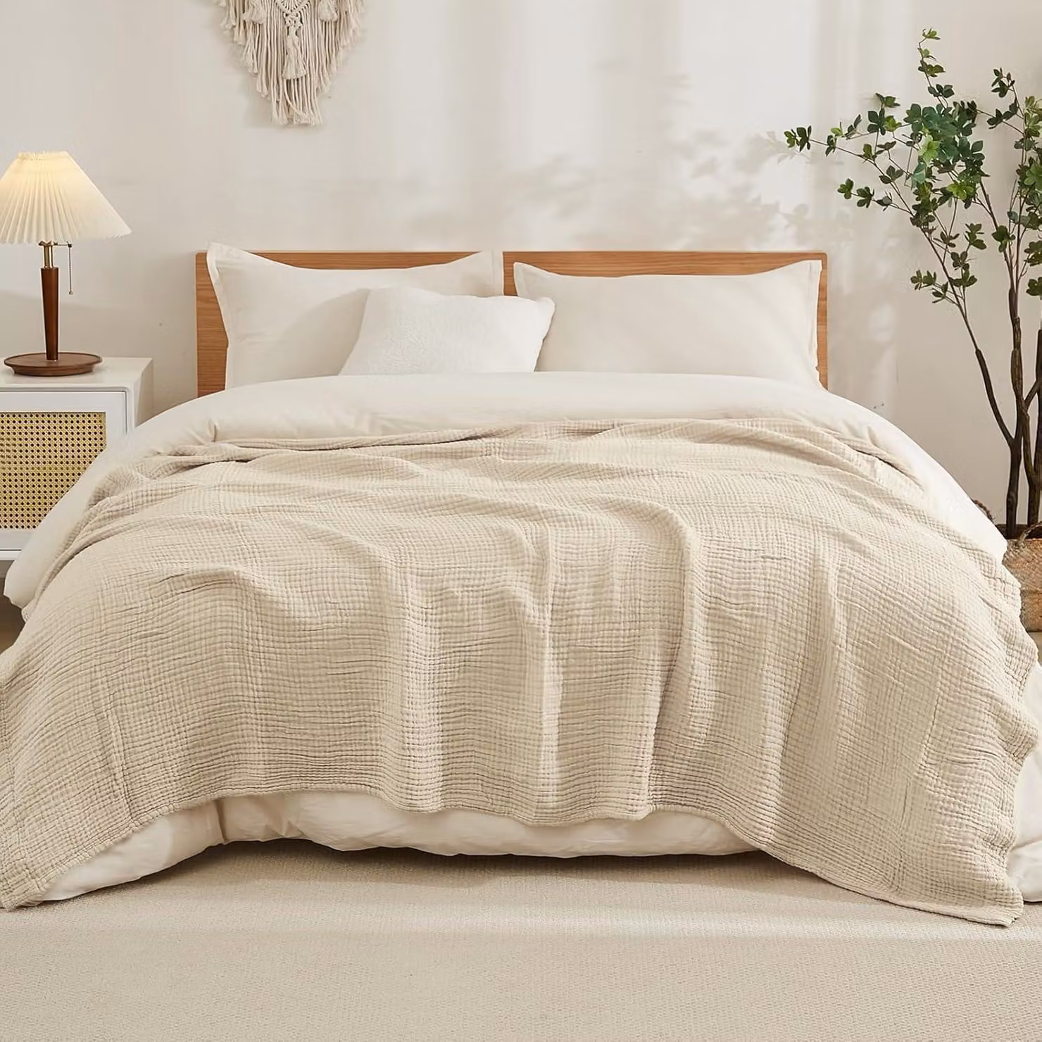 Coperta in mussola di cotone, color beige chiaro, dimensione king size, 274x228 cm