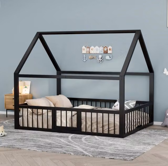 Letto 140x200 cm con tetto e sponde in metallo nero