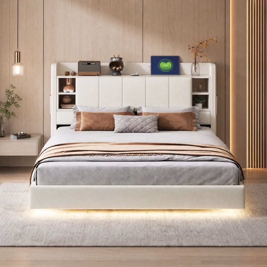 Letto imbottito REDOM beige con illuminazione LED, porte USB e ripiani laterali, struttura in metallo e MDF, L/P: 160 x 200 cm – 2