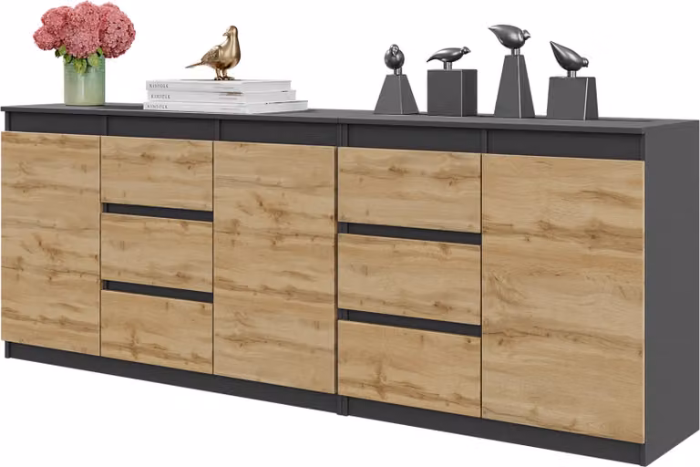 MIKEL - Cassettiera con 6 cassetti e 3 ante - Cassettiera per camera da letto Credenza - Antracite / Rovere Wotan H75cm L200cm P35cm