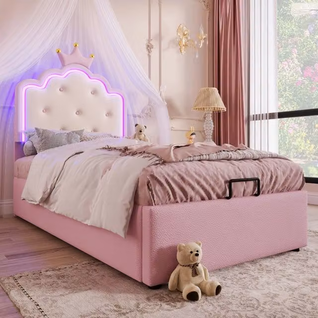 Letto singolo imbottito 90x200cm con listelli e deposito idraulico in rosa