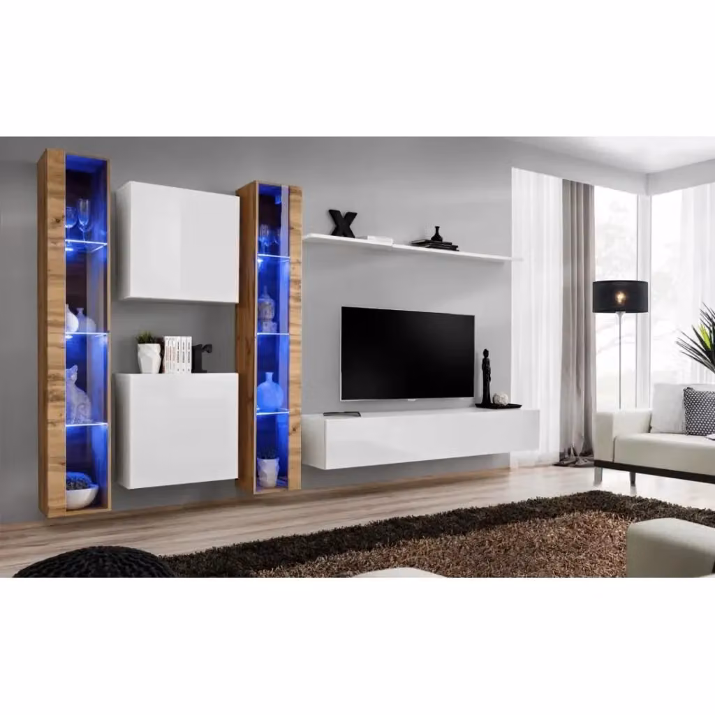 Composizione murale SWITCH XVI Meublorama con mobile TV, vetrine LED e scaffali, Bianco lucido e Quercia Wotan, L: 330 cm, H: 180 cm, P: 40 cm – 2