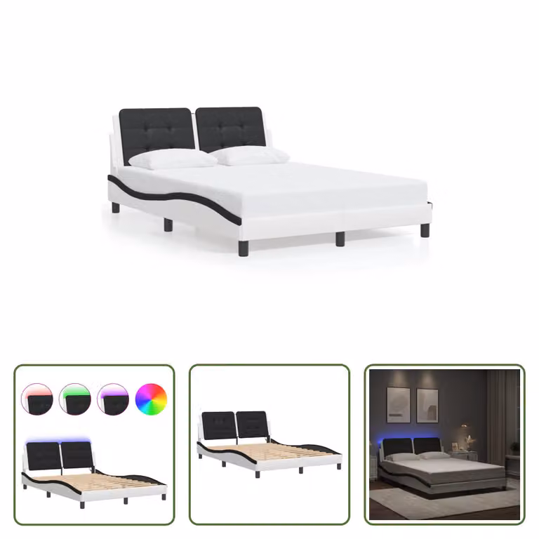 The Living Store Struttura letto con LED bianco e nero 140x190 cm in ecopelle