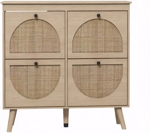 Mobiletto per scarpe in legno naturale con 4 cassetti a ribalta e frontali in rattan, 105x24x97,5 cm, capacità 20 paia