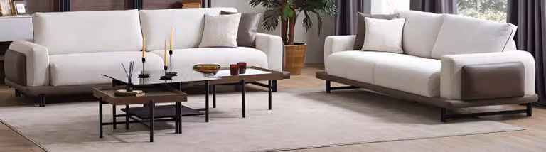 Set 2 divani imbottiti e set di 3 tavolini da salotto dal design moderno