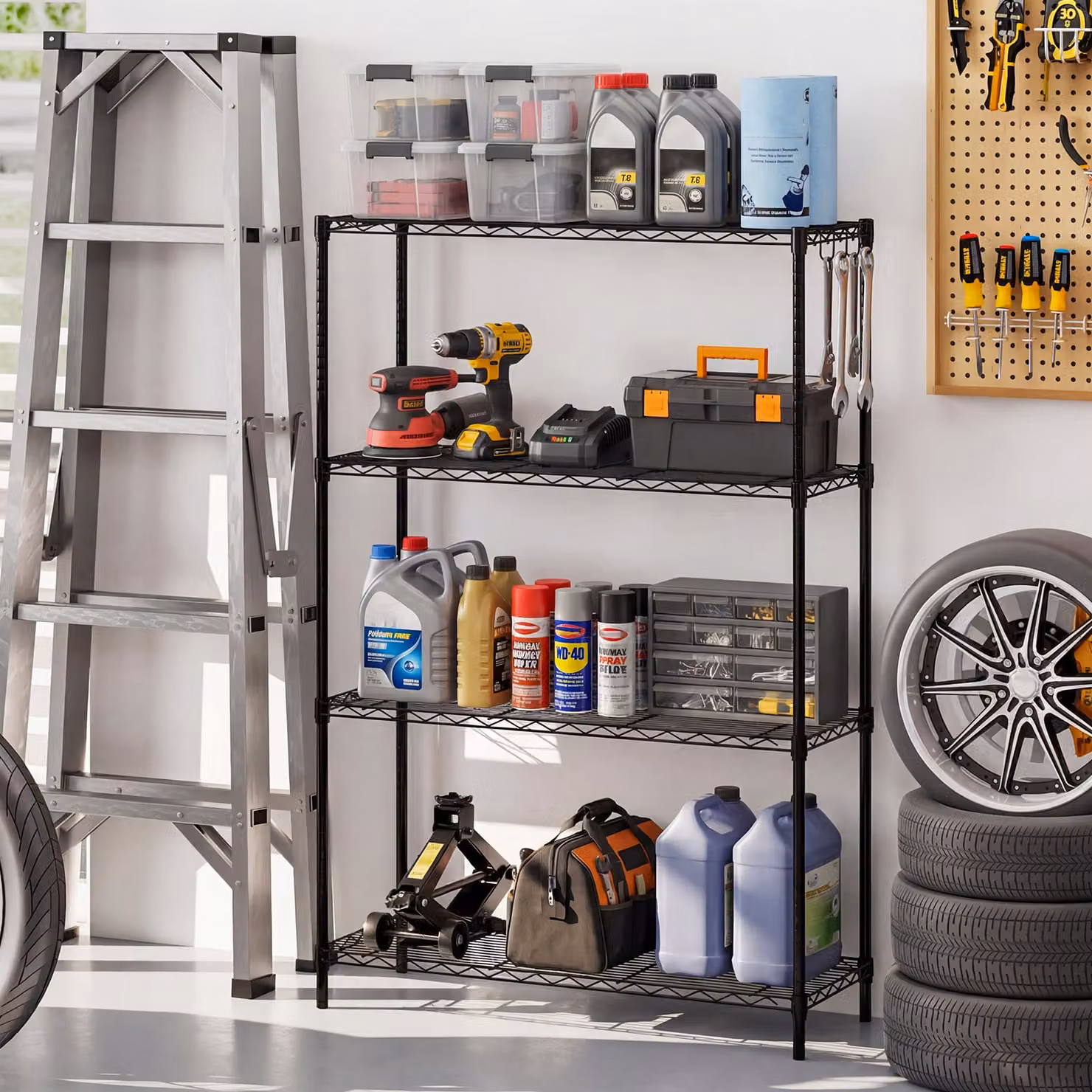 Scaffale organizzatore Costway in metallo nero con 4 ripiani regolabili per cucina, garage o giardino