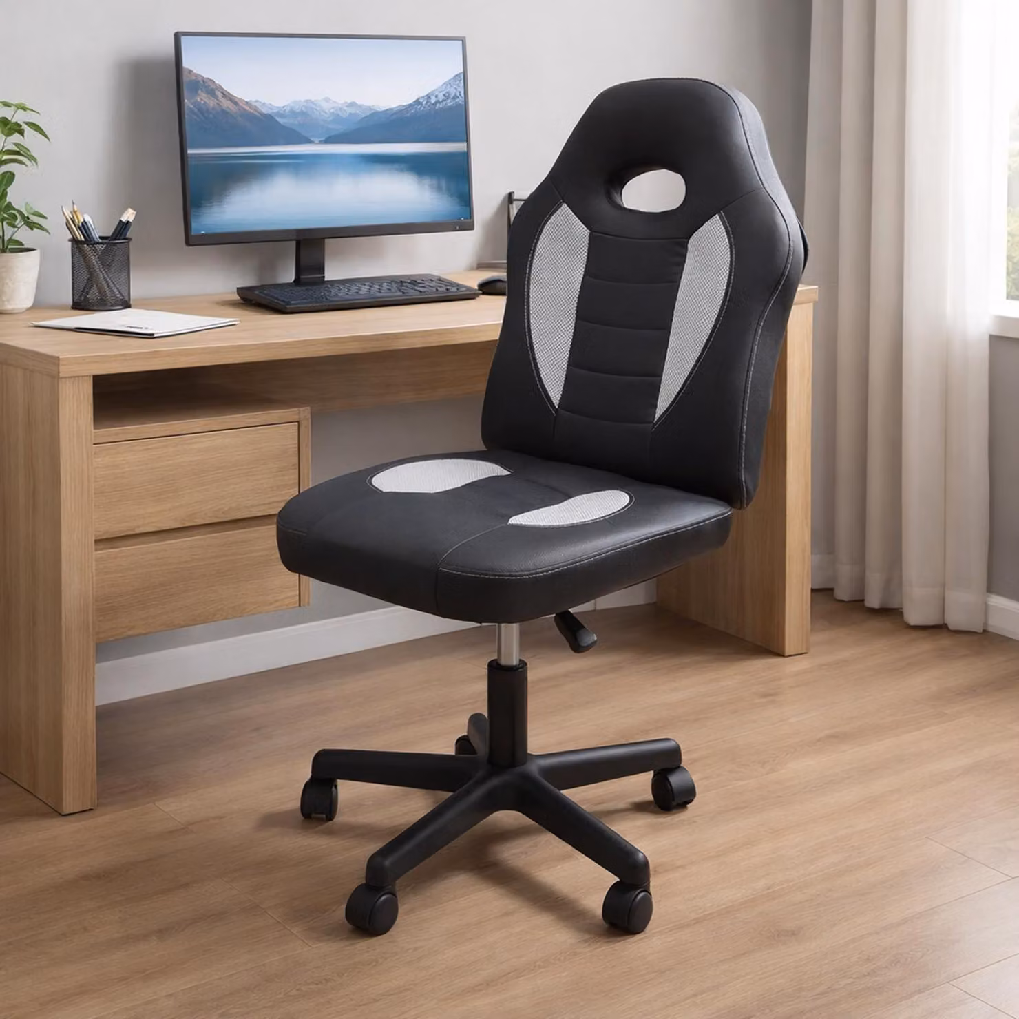 Sedia da scrivania regolabile in altezza, con rotazione a 360°, colore nero e bianco