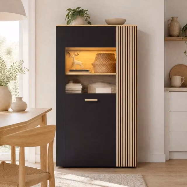 Armadio multifunzione REDOM moderno con ante in vetro e illuminazione LED, colore nero e marrone, L: 80 cm, P: 40 cm, H: 146 cm