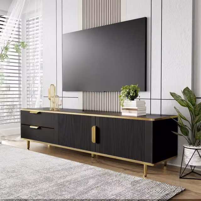 Mobile TV con 2 cassetti e ante intagliate in MDF e pannello di particelle nero