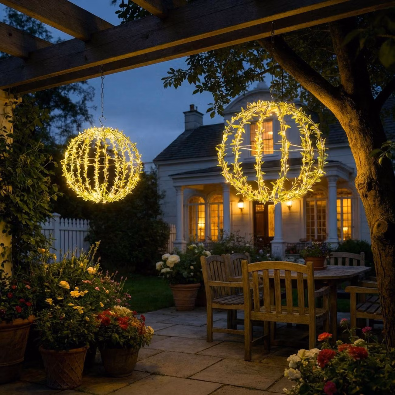 Set da 2 sfere luminose solari a forma di foglie - Diametro 40 cm, sfera da giardino con 144 LED bianco caldo - Lampada da esterno IP44, inclusa picchetto da terra, gancio a S e pannello solare