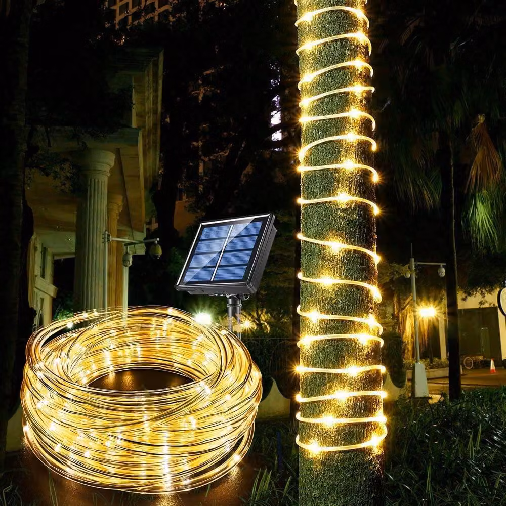 Catena luminosa solare, 7 metri, 50 LED, luce bianco caldo, impermeabile per uso esterno