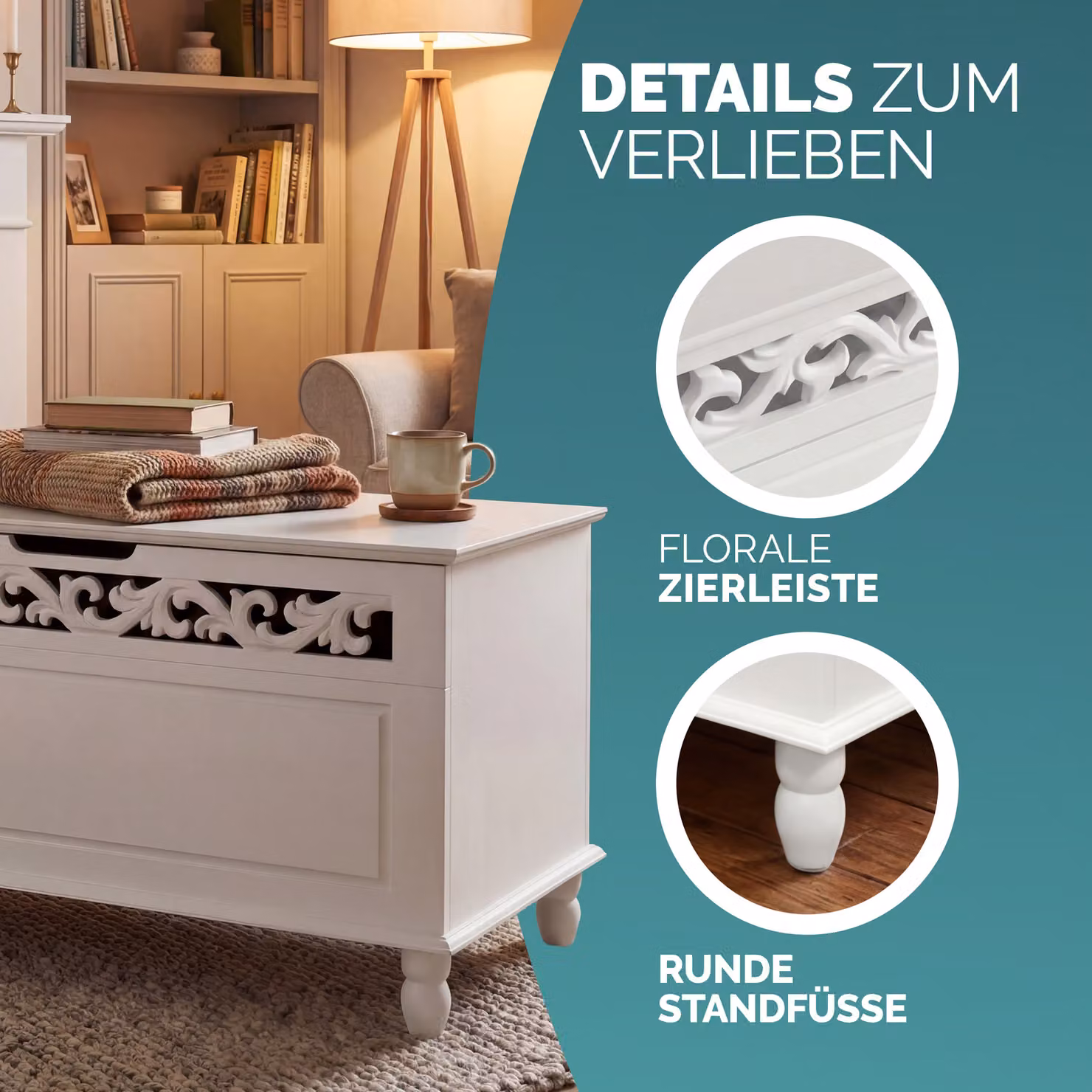 Cassapanca Baule Contenitore Jersey Casaria® Bianco in Legno e Tessuto L: 100 cm, P: 40 cm, H: 48 cm – 4