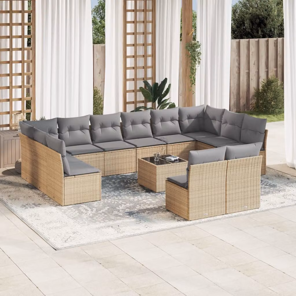 Set Divano da Giardino vidaXL 13 pz a forma di U con Cuscini Beige e Tavolino in Vetro – 1