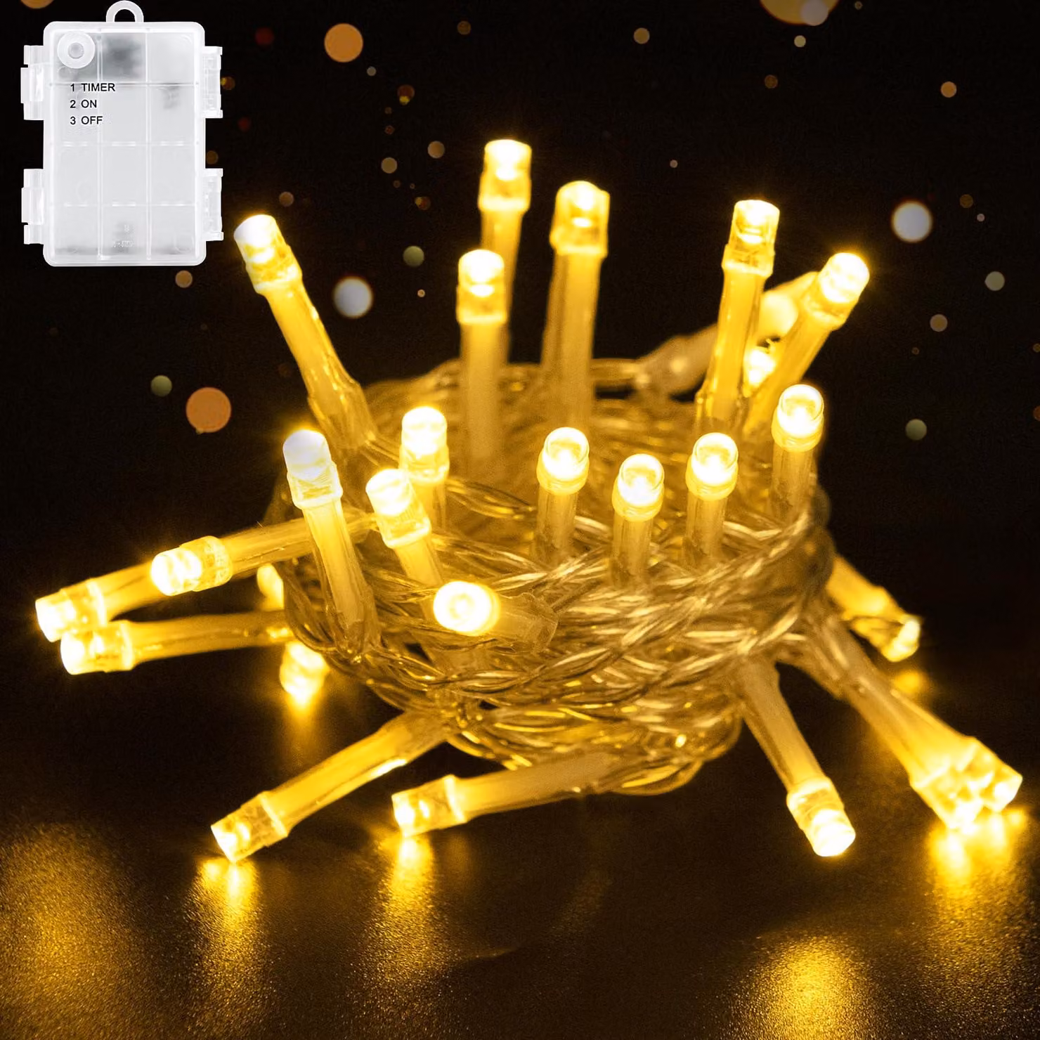 Catena luminosa a LED, 2 metri, 20 LED, luce bianca calda, grado di protezione IP65, con timer