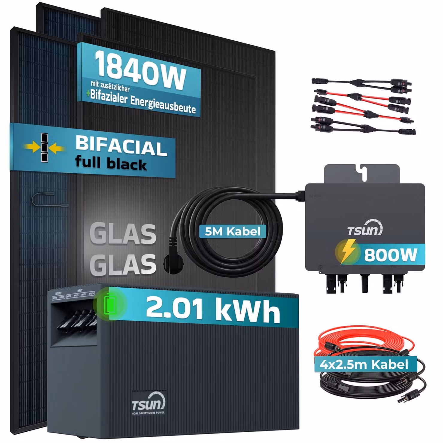 SUNNIVA® Sistema fotovoltaico da balcone da 1840W con batteria da 2,01 kWh, modello TSUN SOLARCAN TSOL-DCU2000Lite, completo di 4 pannelli da 460W bifacciali full black, con presa di corrente, sistema di accumulo solare