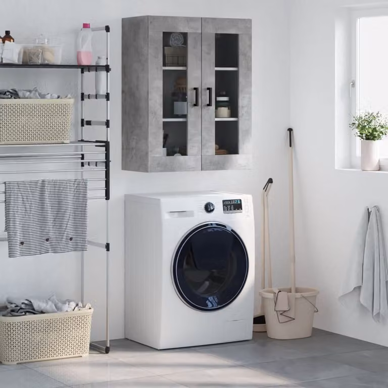 Mobile a parete vidaXL in stile moderno con ante in vetro, Grigio Cemento, L: 69,5 cm, P: 34 cm, H: 90 cm
