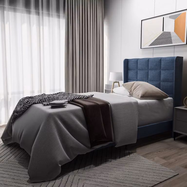 Letto imbottito Merax 90x200cm con rete a doghe e testata imbottita, letto per ragazzi in lino, blu