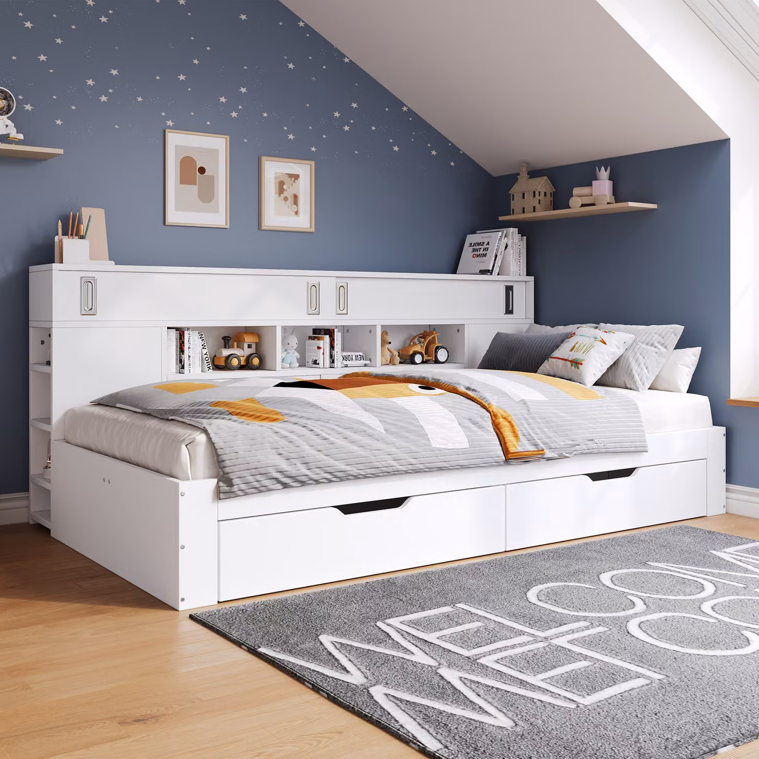 okwish Letto per bambini 140×200 senza materasso, letto con 2 cassetti, Letto pieghevole con libreria e contenitore, bianco